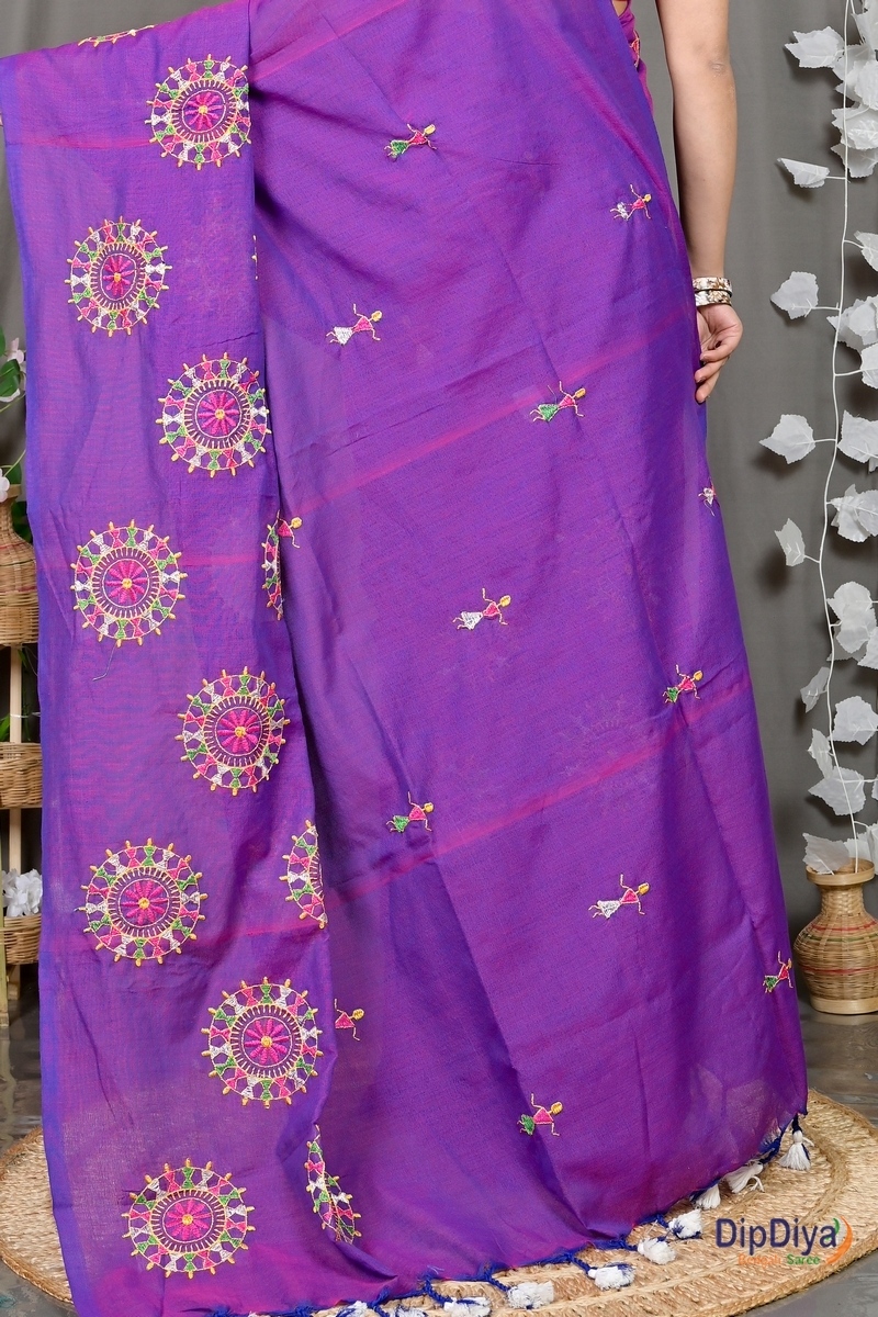 Purple Pure Cotton Parama Embroidery Handloom saree (282)